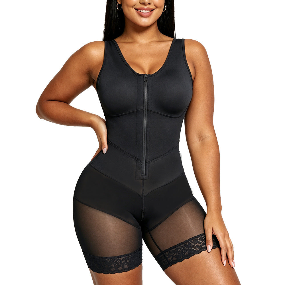 Women Zipper Front Shapewear Tummy Control Waist Shaper Butt Lifter Lace Hem Compression Body Shaper