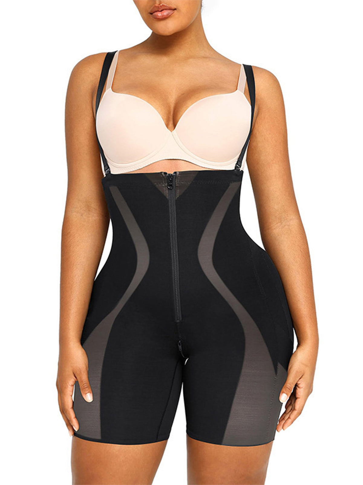 Women High Waist Detachable Strap Bodysuit Shapewear Front Zipper &amp; Hooks Tummy Control &amp; Butt Lifting Shorts Shapewear
