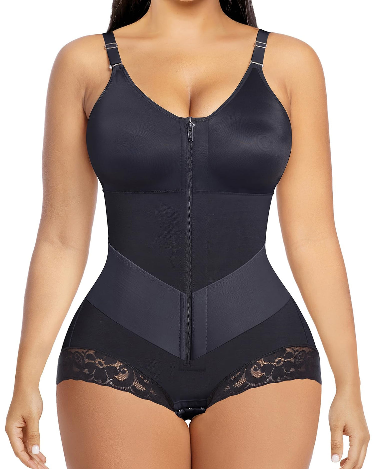 Lace Trim Adjustable Strap Shapewear Bodysuit, Tummy Control Butt Lifting Zipper Body Shaper for Women