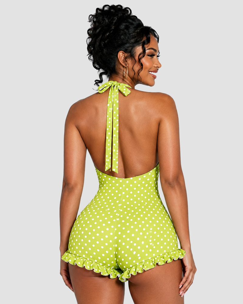 Polka Dot Halter Neck Ruffle Hem Romper Swimsuit