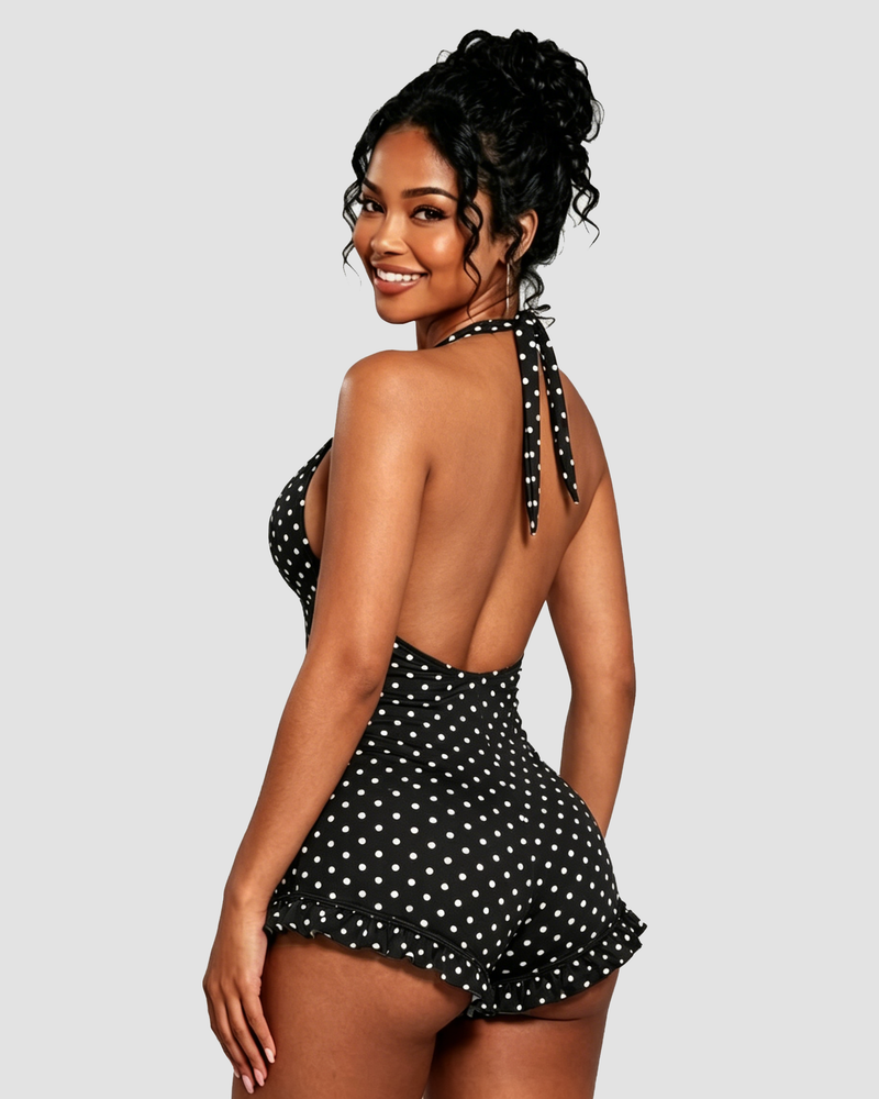 Polka Dot Halter Neck Ruffle Hem Romper Swimsuit