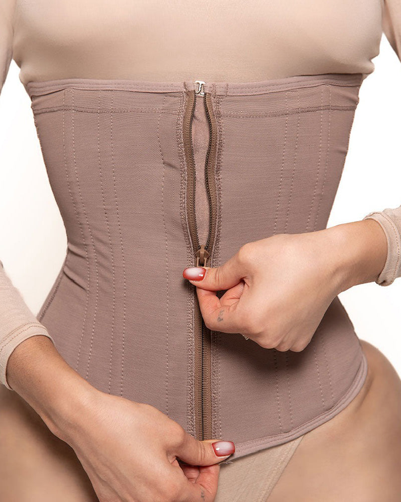 Women 9 Steel Boned Workout Waist Trainer Zipper Hourglass Tummy Control Corset