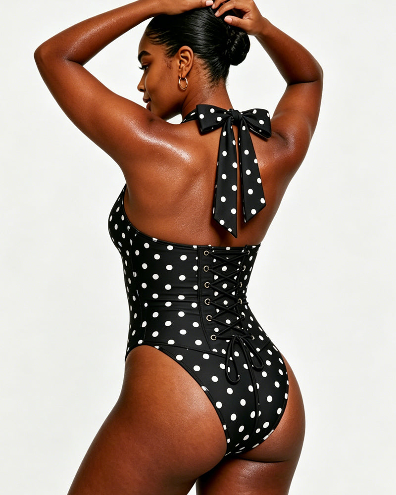 Polka Dot Halter Corset One-Piece Swimsuit