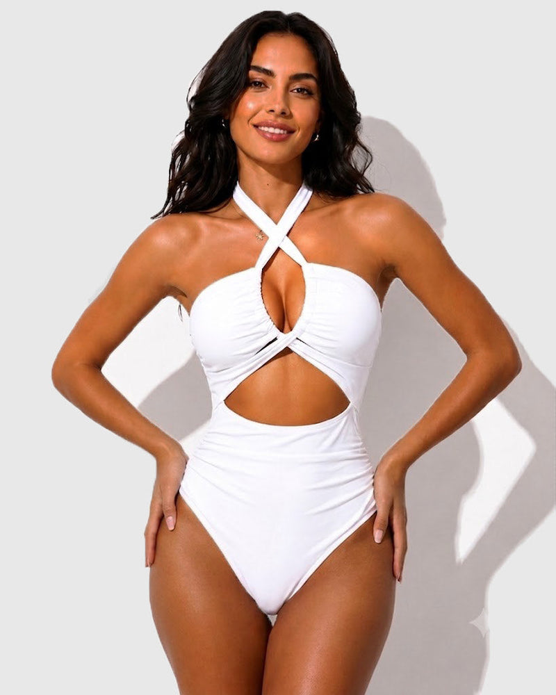 Cross Halter Ruched Front Cutout Backless One Piece Swimsuit