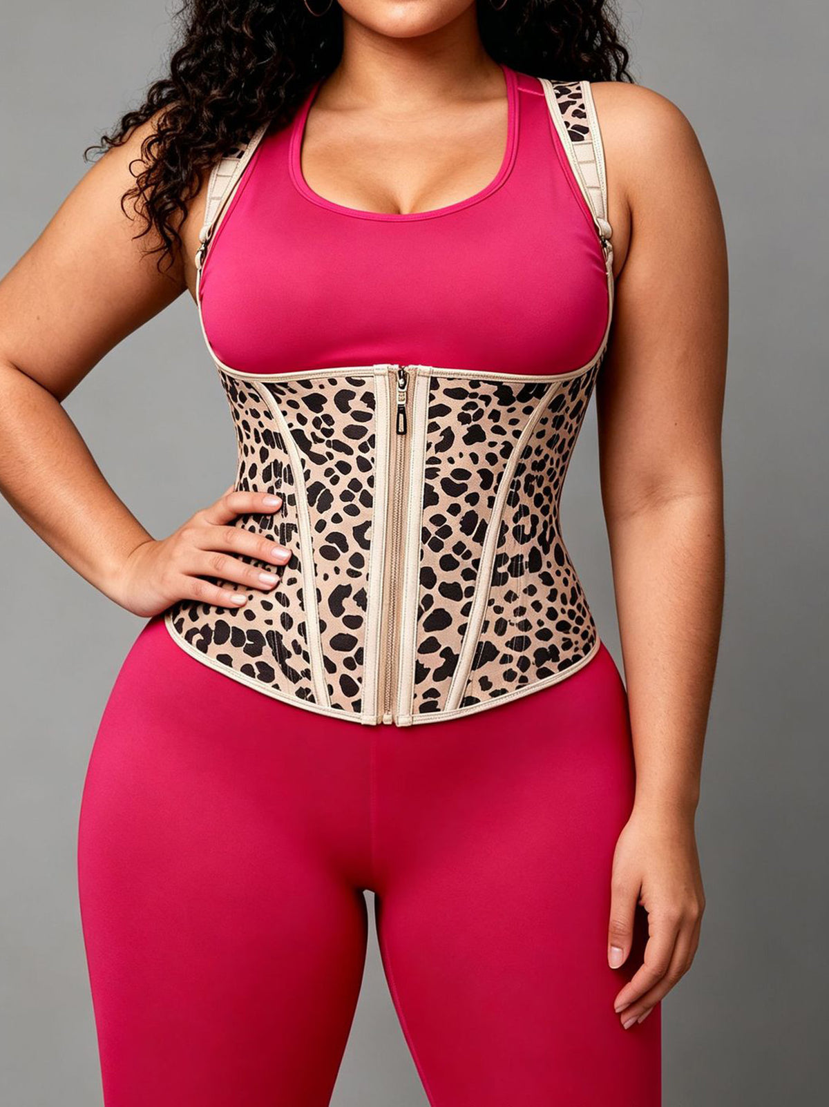 Leopard Latex Waist Trainer Vest for Women Zipper Tummy Control Corset Slimming Shaper Top