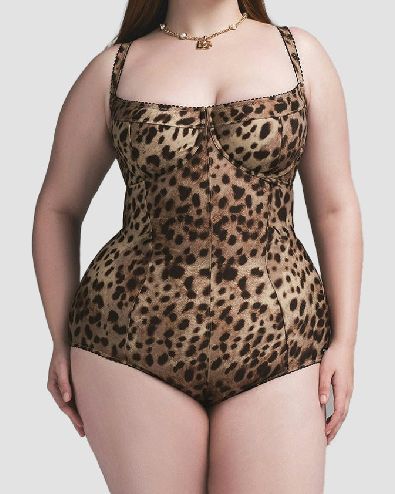 Sexy Leopard Picot-Trim Bodysuit Balconette Neck Stretch Shapewear