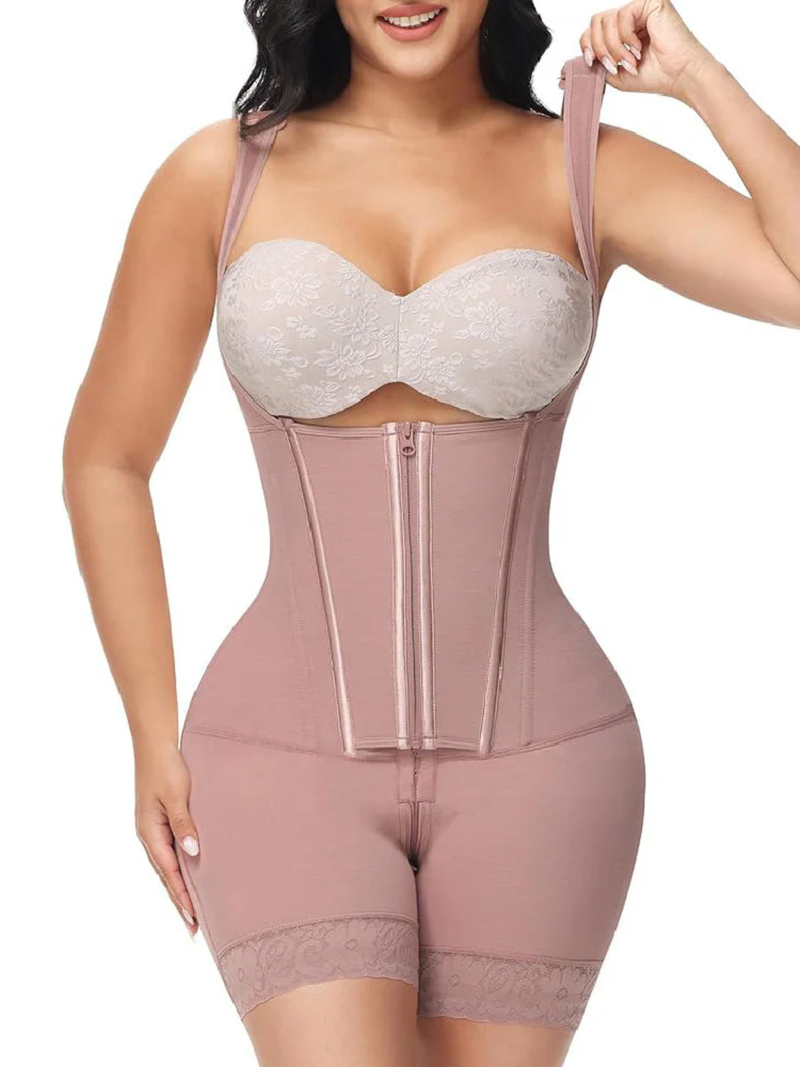 High Compression Shapewear with Front Zipper and Mid Thigh