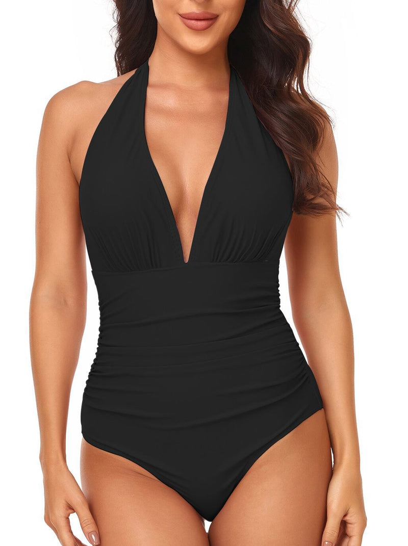 Backless Deep V-Neck Halter Slimming One-Piece Swimsuit