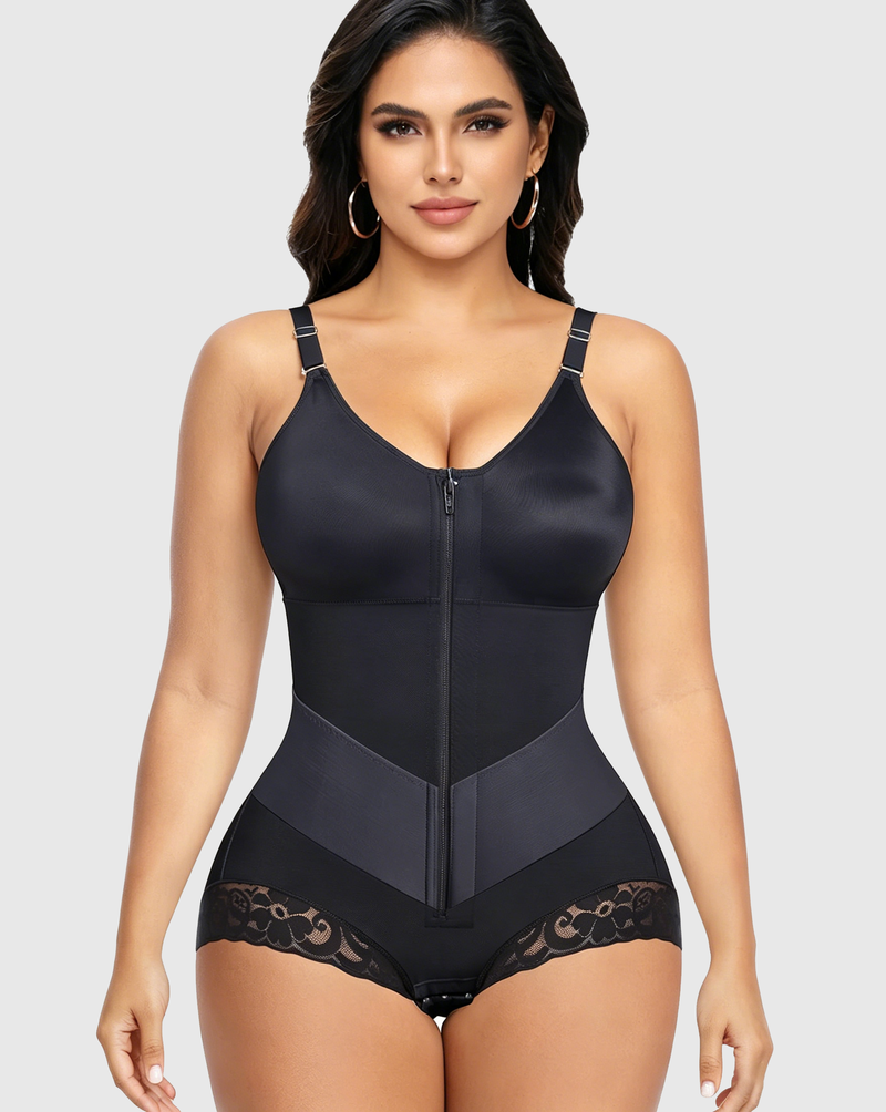 Lace Trim Adjustable Strap Shapewear Bodysuit, Tummy Control Butt Lifting Zipper Body Shaper for Women