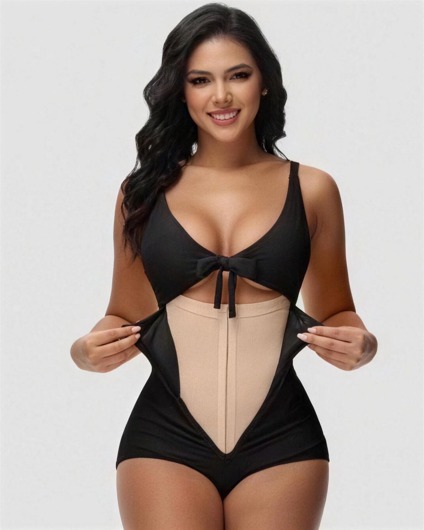 Women's Tummy Control Shapewear Swimsuit, Cutout Front Tie Knot Push Up Monokini Bathing Suit with Removable Pads, Hourglass Silhouette