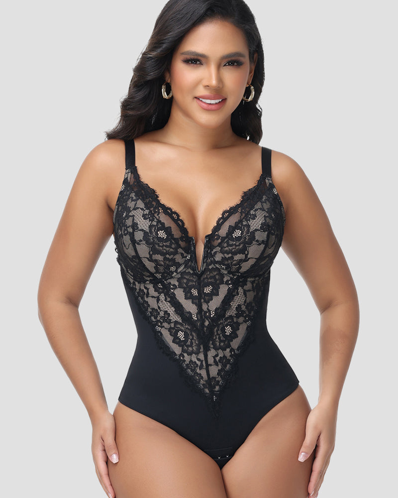 Sexy Plunge Lace Shapewear Bodysuit With Hook Crotch