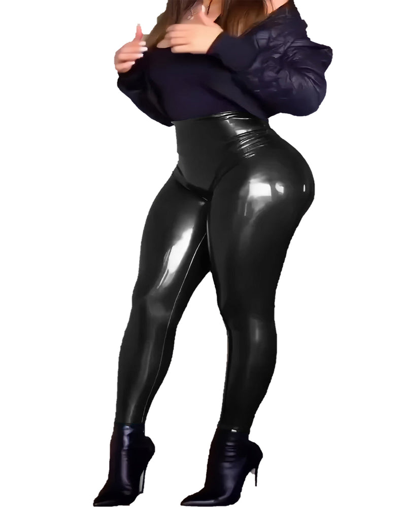 High Waisted Butt Lifter Leggings Shiny Faux Leather Pants